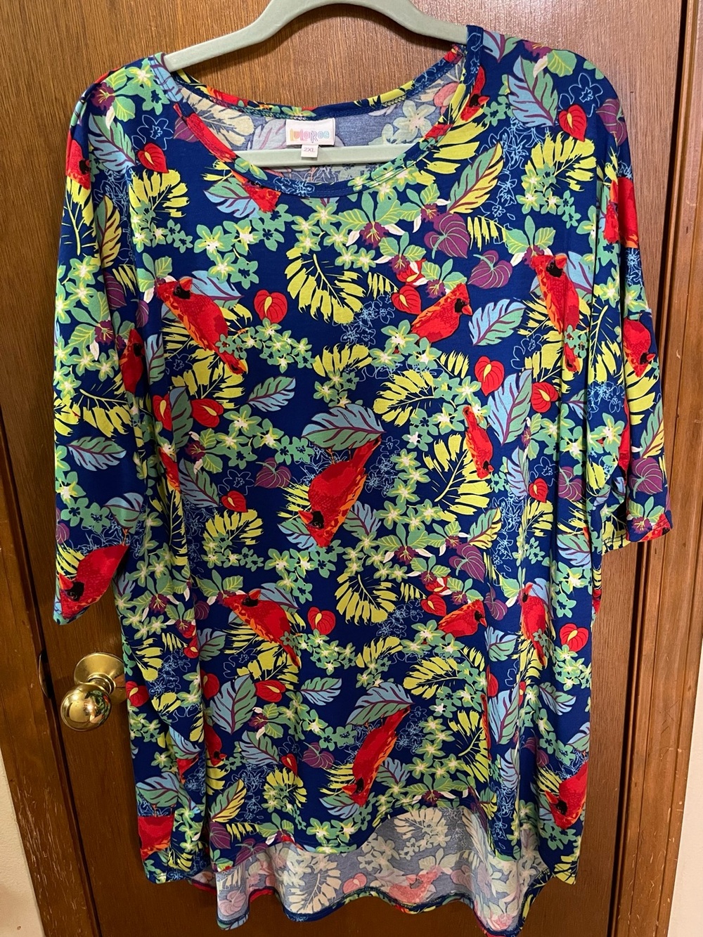 LuLaRoe Navy Blue Tee with Red Cardinals & Yellow-Green Leaf Print